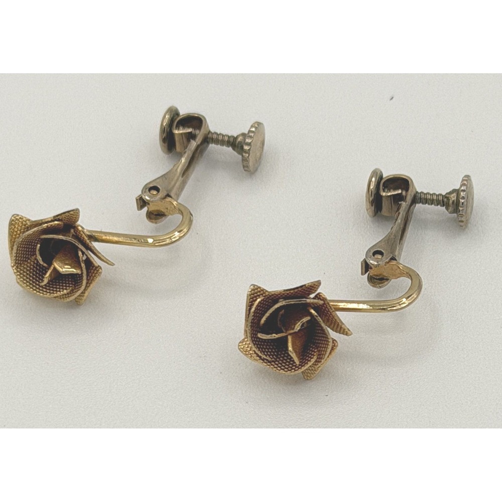 Vintage Gold Tone Mesh Rose Screw Back Earrings Unpierced 1950s 60s Mid Century
